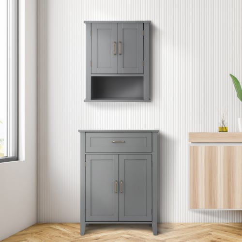 Elegant Home Fashions Wooden Bathroom Floor Freestanding Storage Cabinet Space Saver, Gray Perspective: top
