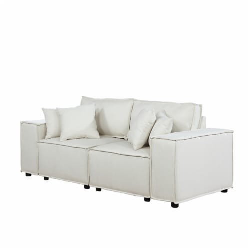 Elson Beige Loveseat with 4 Pillows in Beige Linen Fabric Sofa Couch Perspective: top