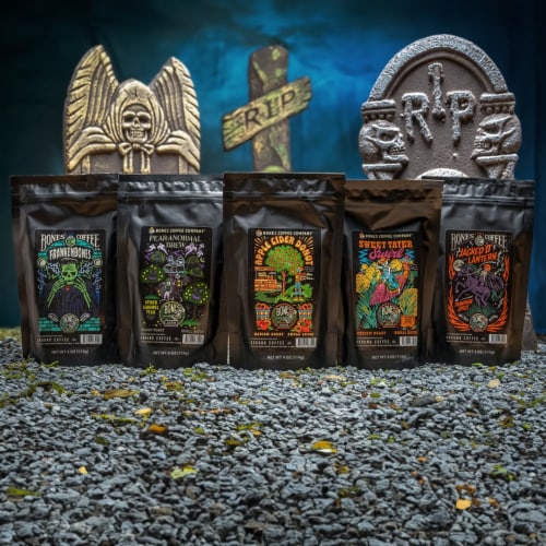 Bones Coffee Company Fall Favorites Sample Pack Ground Coffee Perspective: top