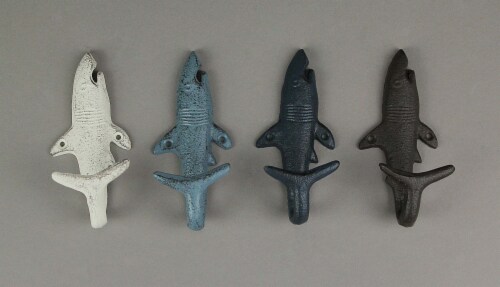 4 Piece Rustic Nautical Colored Finish Cast Iron Shark Wall Hook