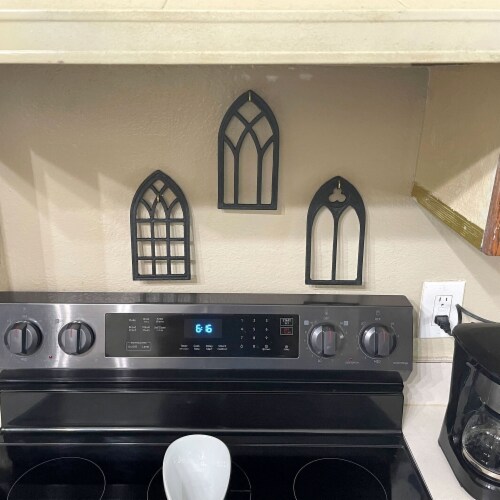 Set of 3 Black Cast Iron Gothic Cathedral Window Design Kitchen Trivets Perspective: top