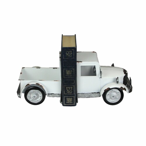 Weathered White Finish Vintage Pickup Truck Metal Bookends Front and Back - White Perspective: top
