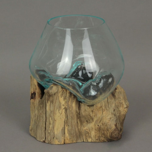 Melted Glass On Teak Driftwood Decorative Bowl/Vase/Terrarium Planter 6 Inches High Perspective: top