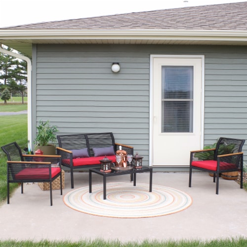 Sunnydaze Coachford Rattan 4-Piece Patio Furniture Set - Red Cushions Perspective: top