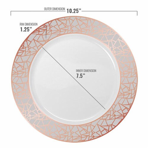 White with Silver and Rose Gold Mosaic Rim Round Plastic Dinner Plates ...