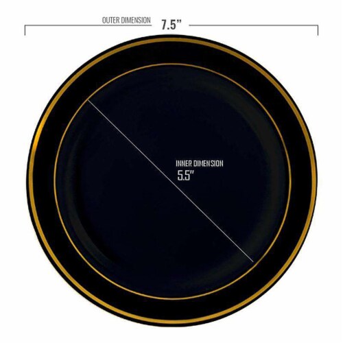 7.5  Black with Gold Edge Rim Plastic Appetizer/Salad Plates (120 Plates) Perspective: top