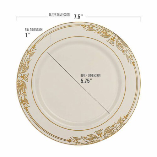 7.5  Ivory with Gold Harmony Rim Plastic Appetizer/Salad Plates (120 plates) Perspective: top