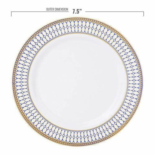 7.5  White with Blue and Gold Chord Rim Plastic Appetizer/Salad Plates (120 Plates) Perspective: top