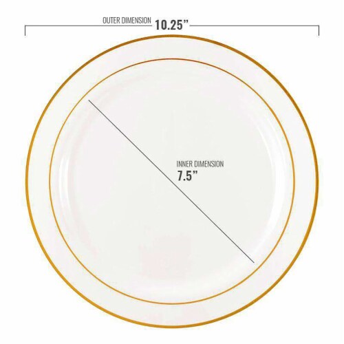 10.25  White with Gold Edge Rim Plastic Dinner Plates (120 Plates) Perspective: top