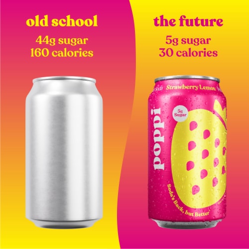 Poppi Strawberry Lemon Prebiotic Soda Cans Perspective: top