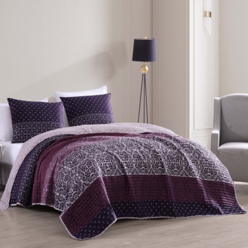 Bebejan Cordon Purple 100% Cotton 230 Thread Count 3-Piece Reversible Quilt Set Perspective: top