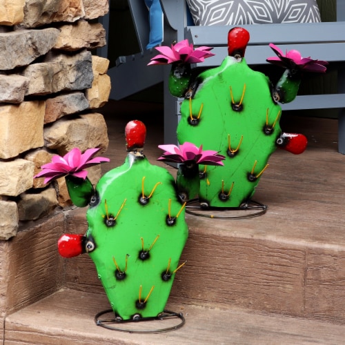 Sunnydaze Yellow-Needled Barrel Cactus Steel Statue - 17.5-Inch - Set ...