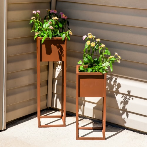 Sunnydaze Modern Simplicity 8.25 Square Planters - 19.75 H and 27 H - Brown Perspective: top