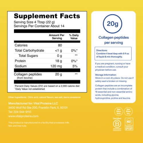 Vital Proteins Collagen Peptides Skin, Hair & Nail Support, Hydrolyzed 20g Collagen Lemon Powder Perspective: top