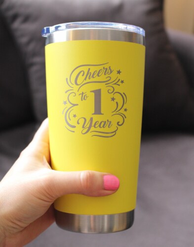 Bevvee™ Cheers 1 Year - Insulated Coffee Tumbler - 1st Anniversary Gifts - Yellow, 20 oz Perspective: top
