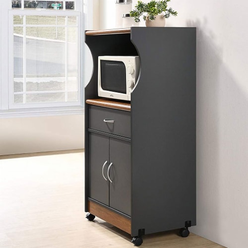 Hodedah Wheeled Microwave Island Cart with Drawer and Cabinet