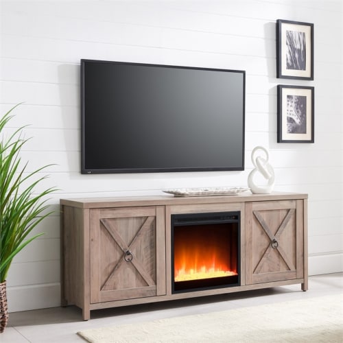 Gray barn door tv outlet stand with fireplace