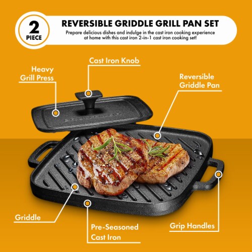 Bruntmor 10  x 10  2-in-1 Reversible Cast Iron Grill Pan w/ Grip Handle & Press Perspective: top