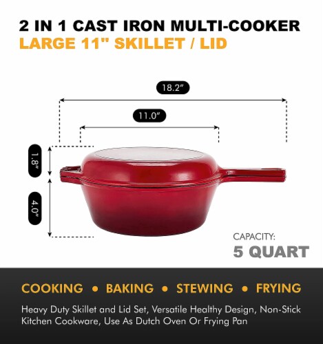 Bruntmor 5 Qt Red 2-in-1 Cast Iron Skillet & Lid, Enameled, Non-Stick Perspective: top