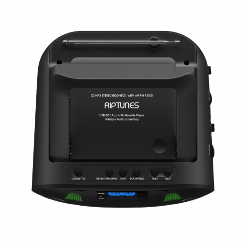 Riptunes CD Player Bluetooth Boombox AM/FM Portable Radio, MP3/CD, USB, mSD, Aux, Black Perspective: top