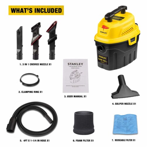Stanley SL18910P-3 3 Gallon 3 Max HP Portable Lightweight Wet/Dry Vacuum, Yellow Perspective: top