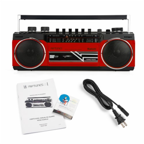 Riptunes Cassette Bluetooth Boombox, AM/FM/ SW-1-SW2, USB, SD, and AUX-in- Red Perspective: top