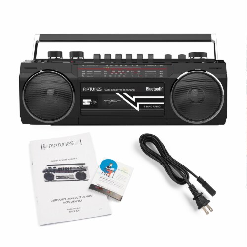 Riptunes Cassette Bluetooth Boombox, AM/FM/ SW-1-SW2, USB, SD, and AUX-in- Black Perspective: top