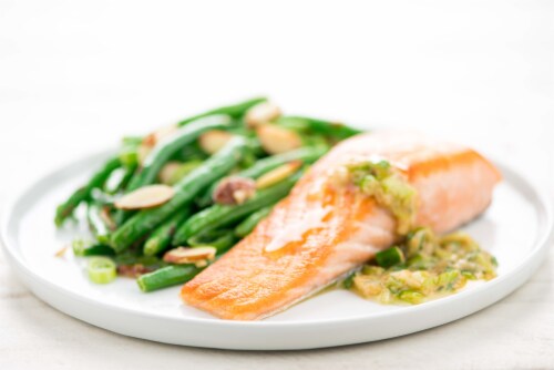 Home Chef Meal Kit Salmon With Miso Butter And Green Beans Amandine Perspective: top