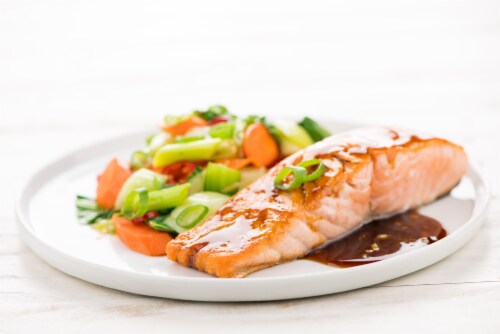 Home Chef Meal Kit Perfect Teriyaki Ginger Salmon With Stir-Fried Bok Choy And Carrots Perspective: top