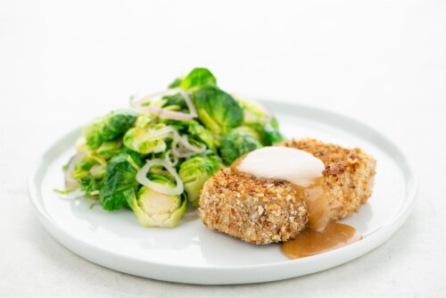 Home Chef Meal Kit Pretzel-Crusted Pork Chop With Brown Sugar Dijonnaise And Shaved Brussels Sprouts Perspective: top