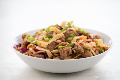 Home Chef Meal Kit Pork Egg Roll in a Bowl With Crispy Wontons and Peanuts Perspective: top