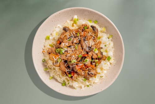 Home Chef® Meal Kit Steak Strip Marsala Risotto With Parmesan Tomato And Mushrooms Perspective: top