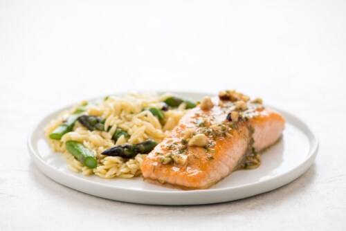 Home Chef Meal Kit Salmon with Hazelnut Brown Butter Sauce Perspective: top