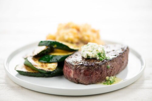Home Chef Meal Kit Steak With Garlic-Herb Butter And Buttermilk-Cheddar Mashed Potatoes & Zucchini Perspective: top
