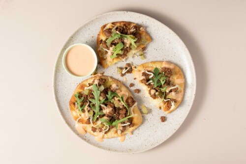Home Chef Meal Kit Mini Cheeseburger Flatbreads with Thousand Island Dressing Perspective: top