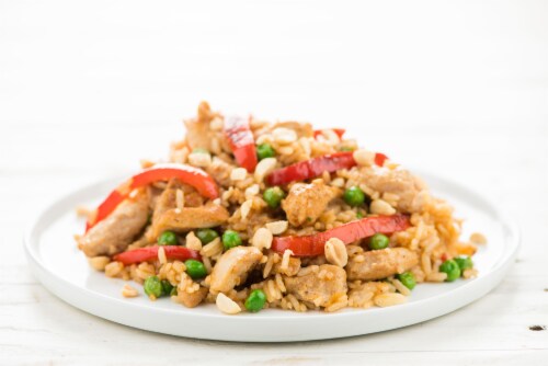 Home Chef Meal Kit Kung Pao Chicken Thigh Fried Rice with Red Bell Pepper and Peas Perspective: top