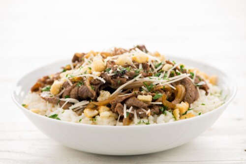 Home Chef Meal Kit French Onion Steak Risotto With Parmesan And Asiago Cheese Perspective: top