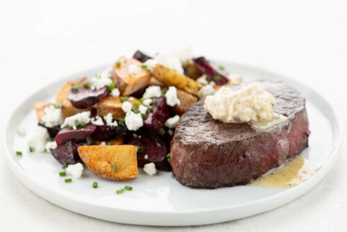 Home Chef Meal Kit Steak With Horseradish Butter With Roasted Potatoes Beets And Goat Cheese Perspective: top