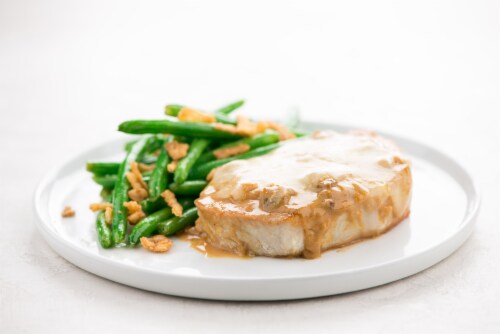 Home Chef Oven Kit Mushroom Smothered Pork Chop with Roasted Green Beans and Crispy Onions Perspective: top