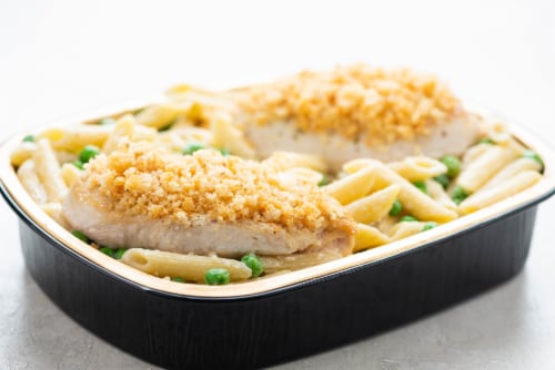 Home Chef Oven Kit Lemon Chicken With Penne Alfredo And Peas Perspective: top