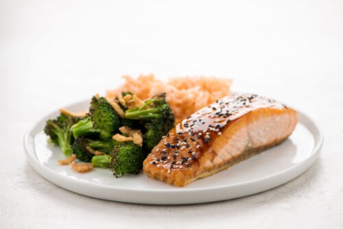 Home Chef Oven-Ready Teriyaki Salmon with Broccoli and Jasmine Rice Perspective: top