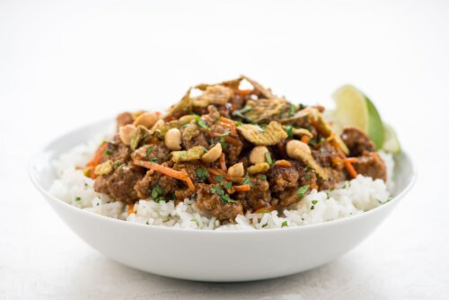 Home Chef Meal Kit Pork Banh Mi in a Bowl with Roasted Peanuts and Carrots Perspective: top