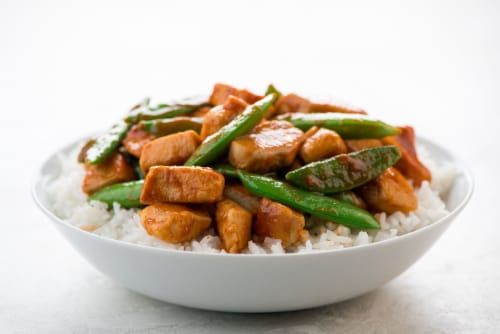 Home Chef Meal Kit Chicken with Tiger Sauce and Snap Peas Perspective: top