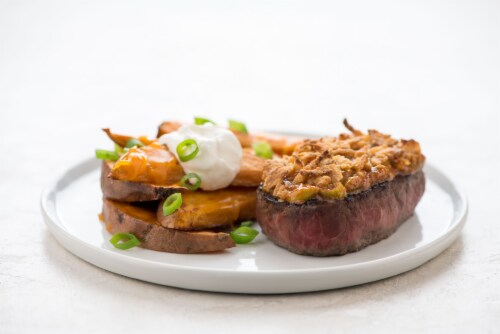 Home Chef Meal Kit BBQ Onion-Crusted Sirloin Steak Perspective: top