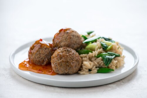 Home Chef Oven-Ready Sweet Chili Pork Meatballs with Teriyaki Rice and Snap Peas Perspective: top