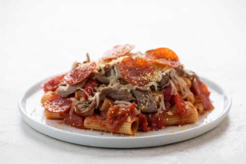 Home Chef Oven-Ready Cheesy Steak Pizza Baked Rigatoni Perspective: top