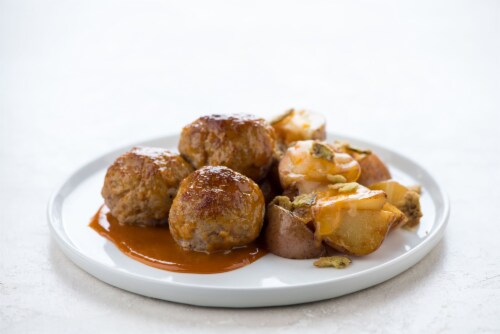 Home Chef Oven Kit Golden BBQ Pork Meatballs with Cheddar Potatoes Perspective: top