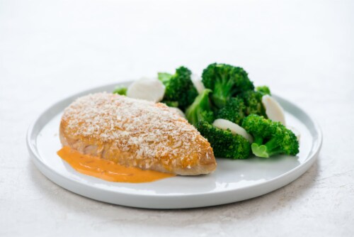 Home Chef Oven-Ready Panko-Crusted Boom Boom Chicken with Sesame Broccoli Perspective: top