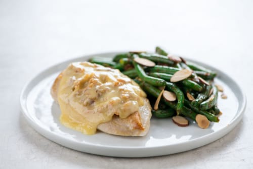 Home Chef Oven-Ready Single-Serving Smoked Gouda-Crusted Chicken with BBQ Green Beans Perspective: top