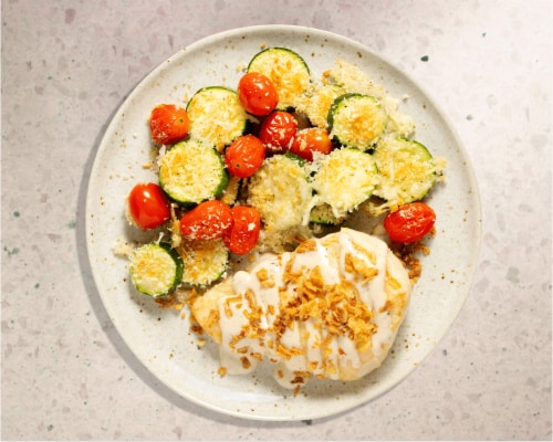 Home Chef Oven Kit Tuscan Chicken with Roasted Grape Tomatoes and Crispy Zucchini Perspective: top